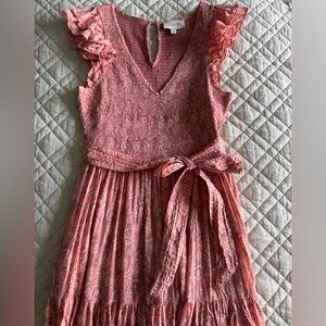 Cleobella Pink Maxi Dress with Pleated Smocked Ruffles